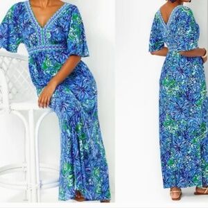 LILLY PULITZER Addison Floral Elbow Sleeve Maxi Dress Blue 8